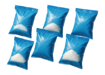 Six blue plastic bags containing white powder.