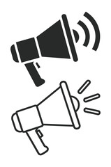 Two megaphone icons one black filled and one outlined on a plain white background illustration vector