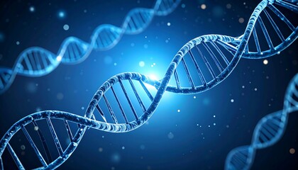 3D rendered DNA double helix with blue light and bokeh.