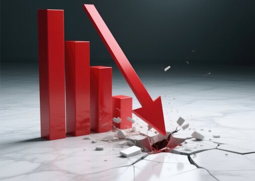 Red 3D bar chart with descending arrow crashing floor