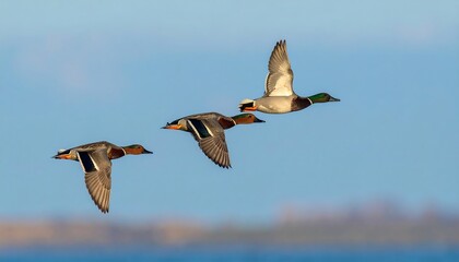 Three ducks in flight against a soft sky