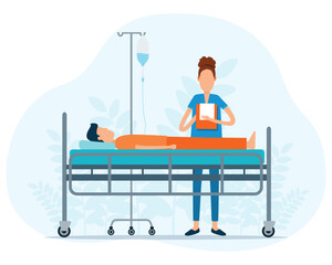 flat vector nurse examining patient. The patient lies on a hospital bed concept.
