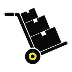 Black silhouette of a hand truck with three boxes stacked on it against a white background art work vector