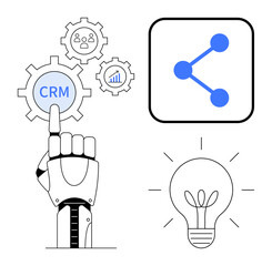 Robotic hand points to CRM gear surrounded by integration icons, lightbulb symbolizing innovation, and sharing network icon. Ideal for AI, technology, data management, innovation, automation