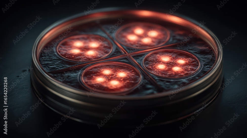 Poster circular metallic container holding glowing compartments. four sections, each with multiple small, g