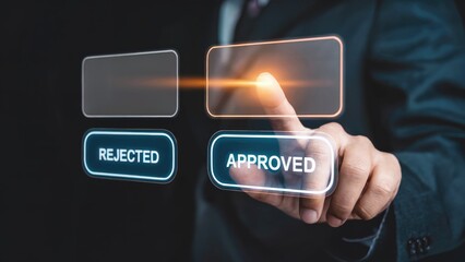 Business professional making a critical decision by selecting 'Approved' on a futuristic digital interface.