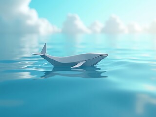 A delicate origami whale swims in a surreal ocean of shimmering light with soft pastel reflections.
