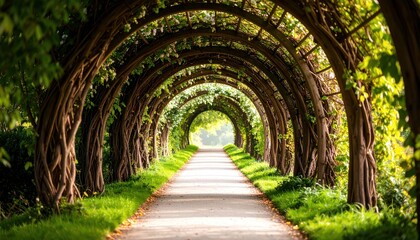 Pathway through arched arbor in a lush with green garden.