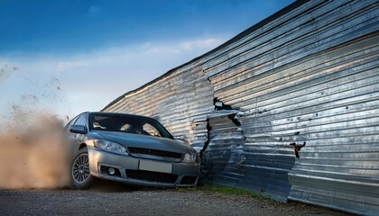 Firefly captures car crash incident as vehicle breaches metal wall at an industrial location during daylight