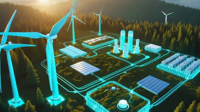 Futuristic renewable energy system with wind turbines, solar panels, storage units, smart grid technology and eco friendly forest landscape - Powered by Adobe