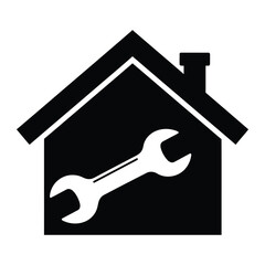 A black house icon with a chimney and a white wrench inside representing home repair services vector