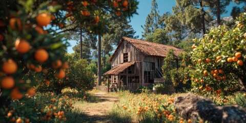Rustic barns framed by orange trees during peak harvest time
