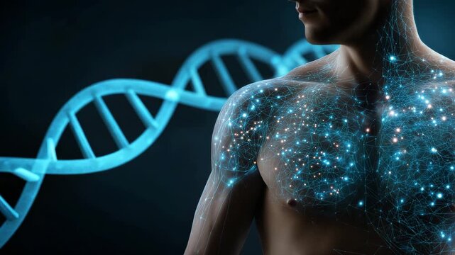 A man's chest is displayed with a blue background and a DNA strand. Futuristic illustration of human torso silhouette with microbiome glowing dots and DNA helix overlay, gut microbiome test, sci-tech 
