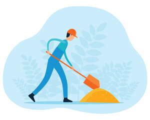 flat illustration cartoon construction worker working. worker Shovels the soil.
