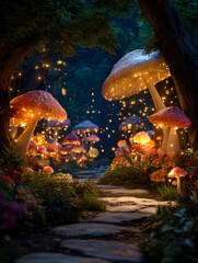 Enchanted luminous mushroom forest path at twilight