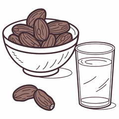 Illustration of dates and water, a traditional meal for breaking the fast during ramadan isolated on white background