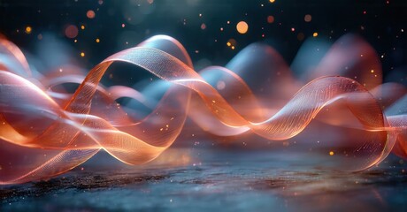 Abstract ribbons flow, illuminated. Dramatic lighting creates dynamic waves, glowing particles, dark background. Visual energy, futuristic design.