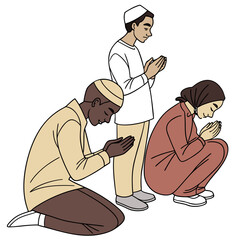 Illustration of diverse muslim people praying together, symbolizing faith, unity, and the spirit of ramadan isolated on white background