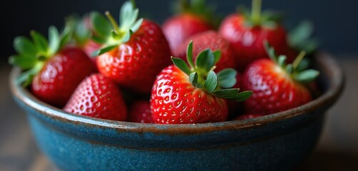 Close-up of fresh ripe strawberries in rustic blue bowl. Juicy red berries with green leaves. Perfect for summer desserts, healthy eating, organic food, market displays. Delicious taste, natural