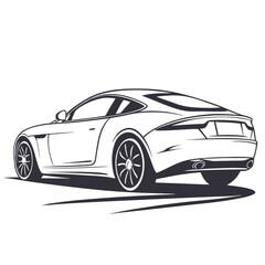 Rear view of a sleek sports car with a modern design, showcasing its aerodynamic features and powerful stance isolated on white background