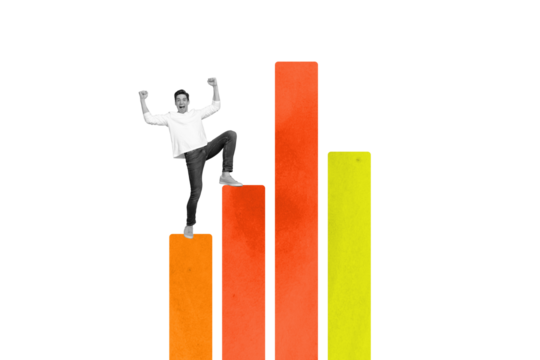 Sketch image trend artwork composite 3D photo collage of young hardworking man stats growth make step success platform motivation go high