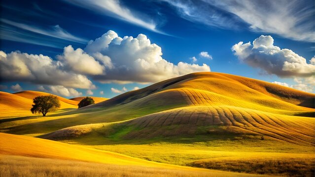 Golden rolling hills under a blue cloudy sky