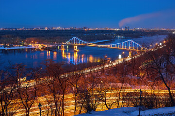 Kyiv Pedestrian Bridge at Winter Night