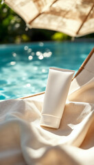 Obraz premium Close-up of sunscreen bottle on poolside lounge chair, sleek and summery. 