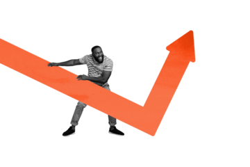 Composite sketch image trend artwork 3D photo collage of balck white silhouette man hold hand on huge arrow success go up growth