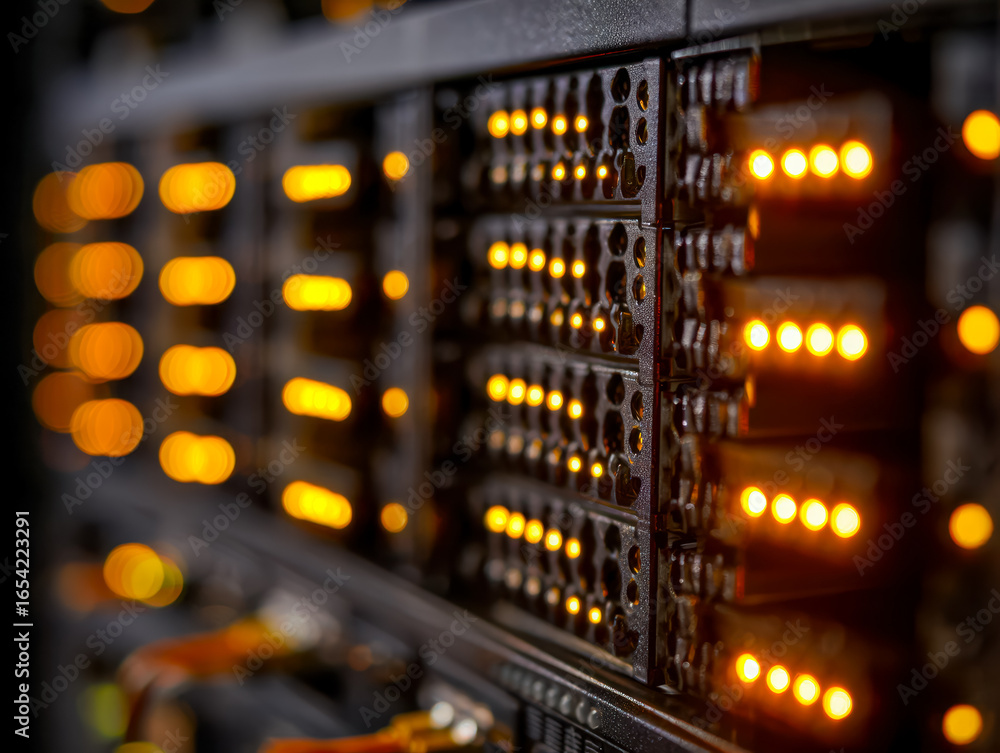 Aufkleber server room with illuminated indicator lights on network hardware