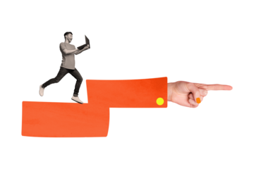 Composite trend artwork sketch image 3D photo collage of young worker smart guy hold in hand laptop huge stair hand show right direction