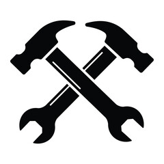 A crossed hammer and wrench in black silhouette on a white background representing tools repair work 96 vector