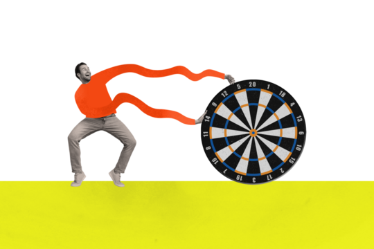 Trend artwork composite 3D photo collage of black white silhouette young guy hold in long hand fortune poker wheel gamer addicted