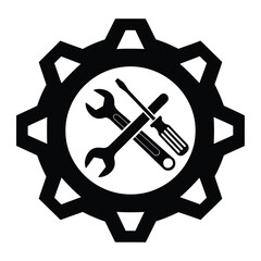 Black gear with crossed wrench and screwdriver in the center on a white background image design vector