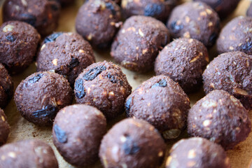 Tray of vegan date nut raisin cocoa sweets