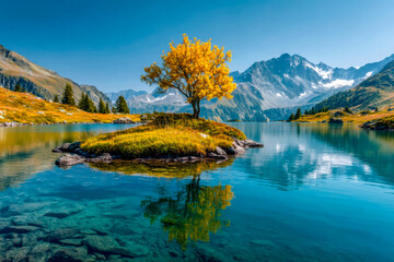 Obraz premium Serene mountain lake with a golden tree on an island in clear waters and snow-capped peaks in the background