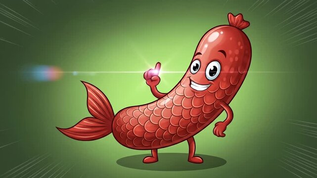 Cartoon illustration of a sausage-shaped character with scales and a fish tail