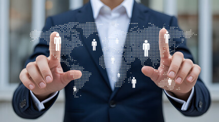 Man interacts with global network of people icons on world map interface