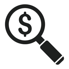 A black and white illustration of a magnifying glass over a dollar sign on a white background icon art vector