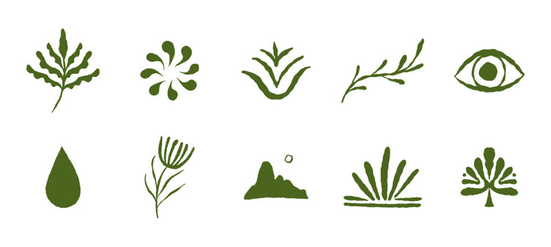 Vector abstract logo templates, icons and symbols, art prints with minimal shapes in  floral wavy ink rough hand drawn naive style, cover, packaging, branding design templates