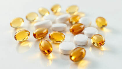 Close-up of assorted vitamin capsules and softgels on glossy white surface.

