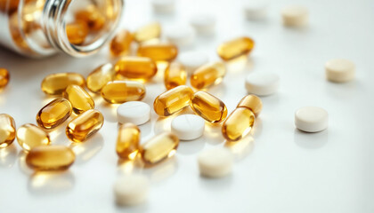 Close-up of assorted vitamin capsules and softgels on glossy white surface.
