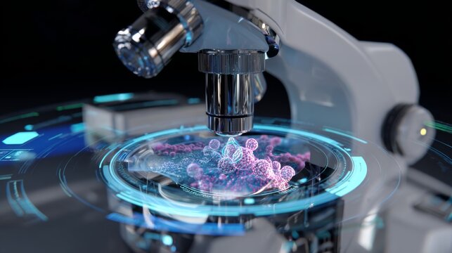 Microscopic view of cells under a high powered microscope with digital interface Close up