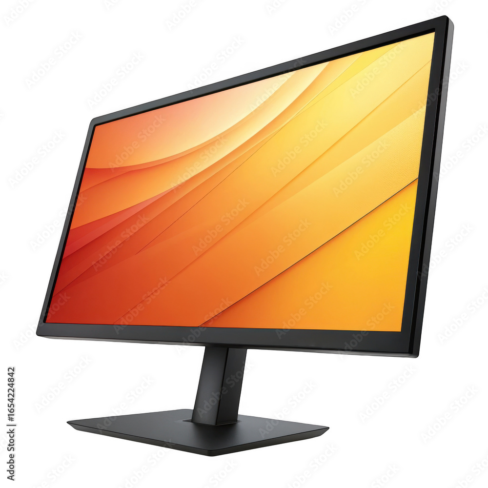 Poster modern computer monitor displaying abstract orange and yellow design isolated on transparent backgro