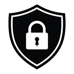 Illustration of a white padlock centered on a black shield with a white outline on a white background vector