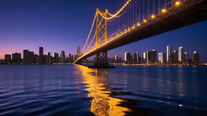 Illuminated suspension bridge with glowing golden lights over calm water at dusk with modern city skyline and clear twilight sky - Powered by Adobe