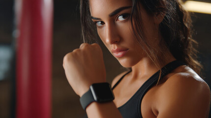 Focused woman in black sportswear wearing smartwatch during workout with intense expression in gym environment