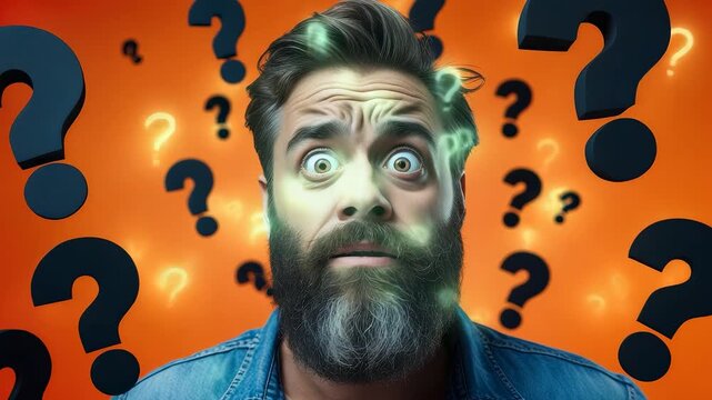 Surprised bearded man with wide eyes surrounded by floating black question marks on vibrant orange background expressing confusion and curiosity