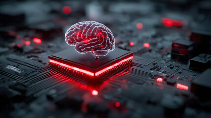 Advanced artificial intelligence chip with digital brain simulation on futuristic circuit board