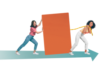 Sketch image composite trend artwork photo collage of two young delivery worker Courier ladies push shipping product to customer